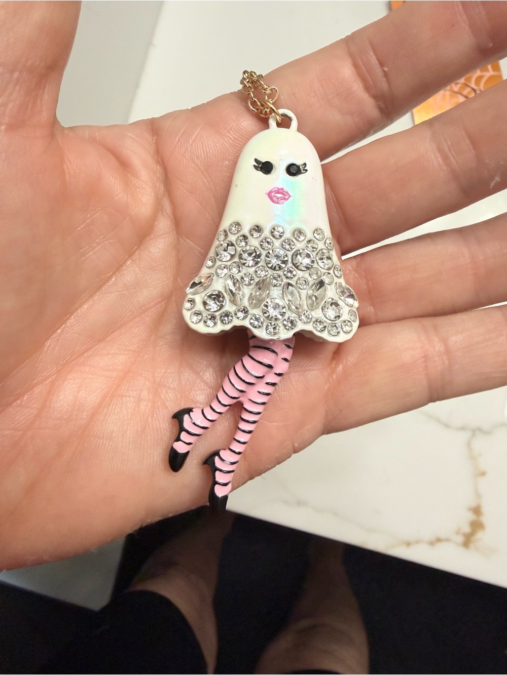 Betsey Johnson White & Pink Crystal Ghost Necklace and Earring Set - Picture 3 of 8